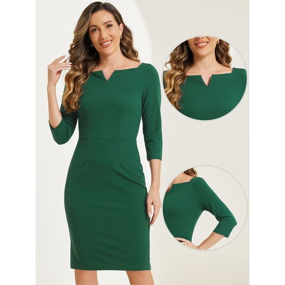 Notch V Neck 3/4 Sleeve Work Office Business Midi Dresses Deep Green - Picture 2 of 5